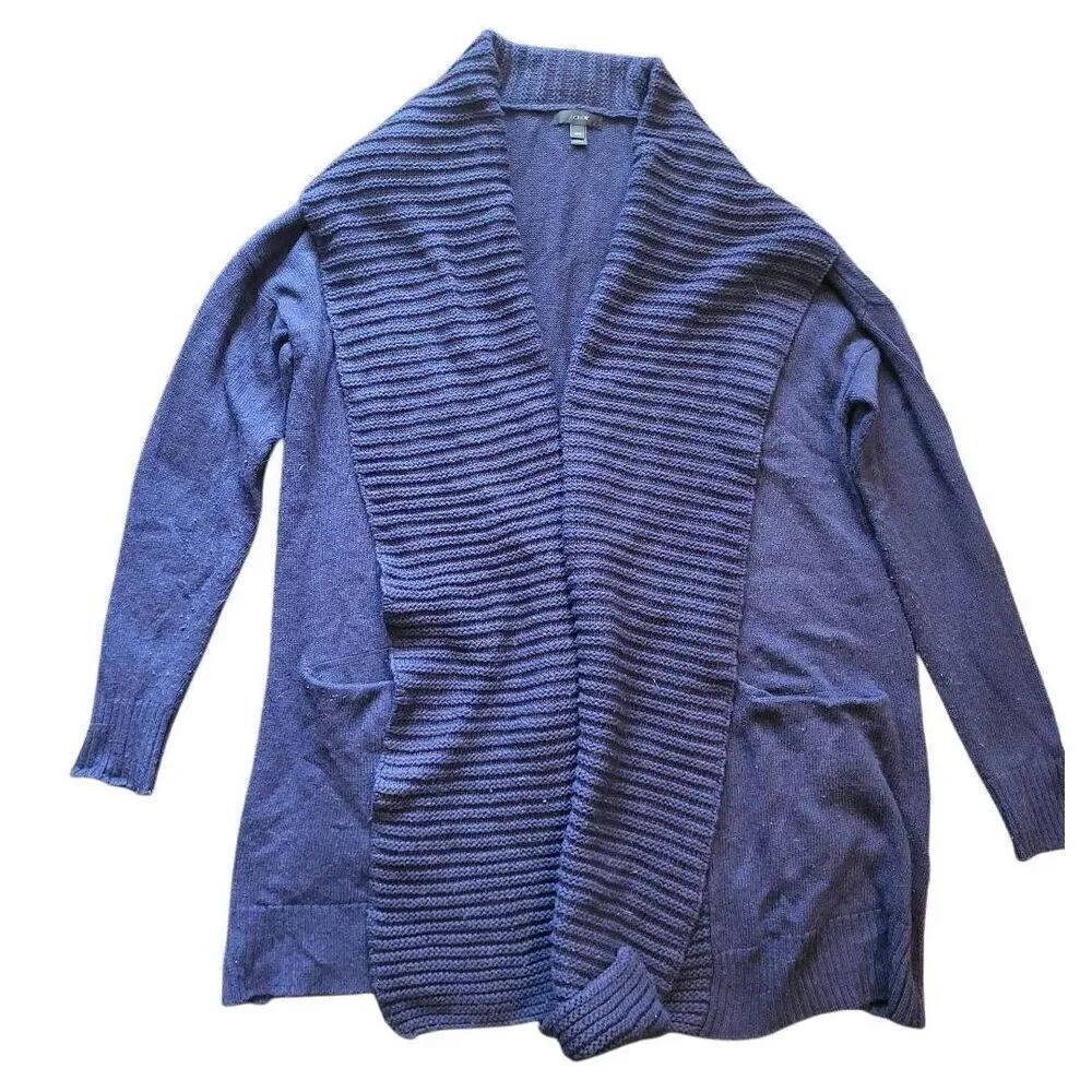 J. Crew Sweater Women's Small Navy Blue Open Shawl Collar Cardigan Wool Blend